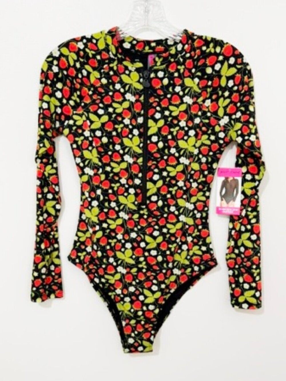 Betsey Johnson Long Sleeve Zip Up Rash Guard Swimsuit Strawberry Print L NWT